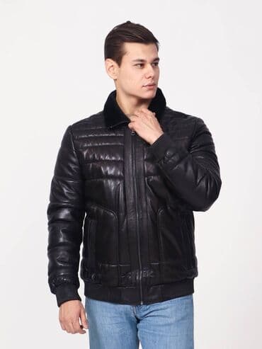 джинсы на девочку: Мужской кожаный пуховик-бомбер, цвет черный. - Внешний материал — 5