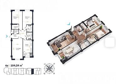 4 комнаты, 104 м², Асанбай мкр Элитка, 10 этаж, ПСО (под самоотделку)