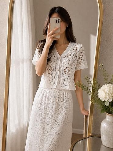 Ажурный белый комплект: укороченный кардиган и миди‑юбка - Материал