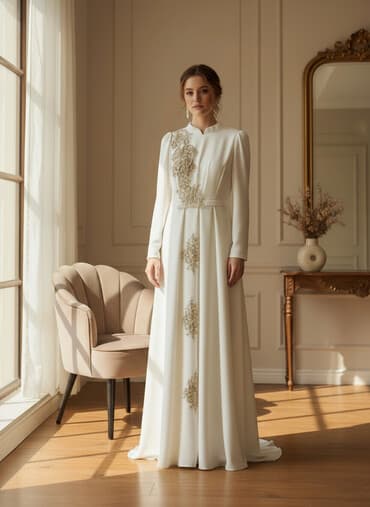 фасоны платьев для полных девушек: Элегантное длинное платье цвета айвори с декором - Фасон: макси — 1