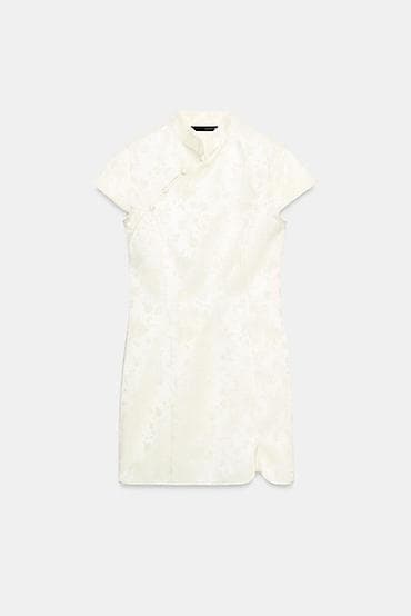 Личные вещи: Мини-платье в стиле ципао из жаккардовой ткани цвета айвори от Zara — 3