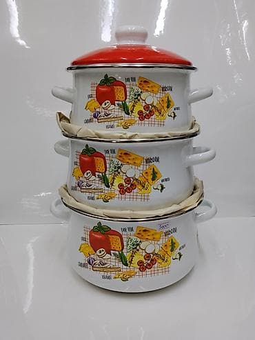 dish sets: Набор эмалированных кастрюль из 3 штук с крышкой. - Материал: сталь с — 1
