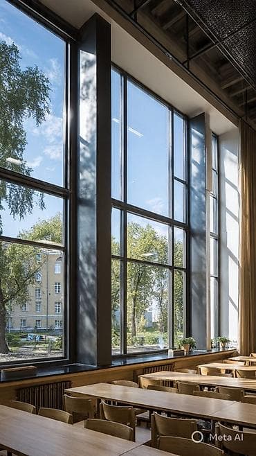 рамка для окон: Многосекционное окно с рамами из темного материала, вероятно, алюминия — 6