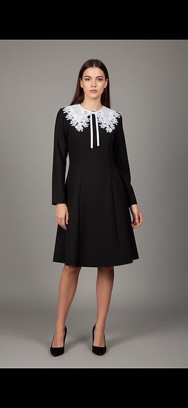 осенний платье: Платье с длинным рукавом и контрастным кружевным воротником-пелериной — 3
