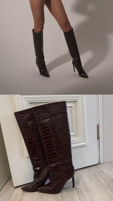 обувь для охоты: 2) Темно-коричневые сапоги на шпильке - Материал: кожа под рептилию с — 2