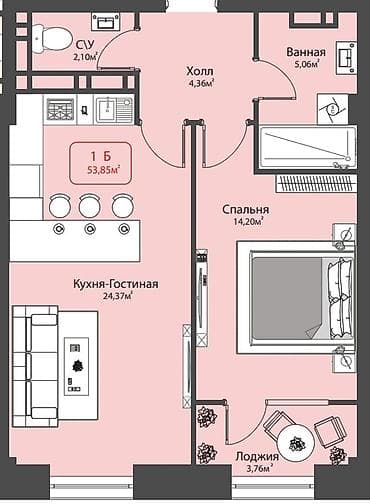 Недвижимость: Строится, Элитка, 1 комната, 53 м² — 4