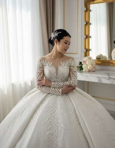 Прокат одежды: Свадебное платье, Пышная модель, цвет - Айвори, Рукава: Длинные, С подъюбником — 1