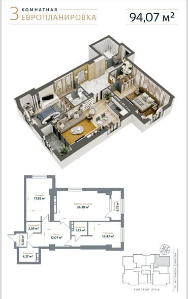 готовые квартиры в рассрочку в бишкеке 2023 год: 3 комнаты, 94 м², Элитка, 13 этаж, ПСО (под самоотделку) — 3