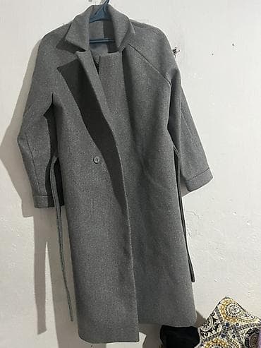 Серое женское пальто-халат - Классический прямой крой, длина миди -