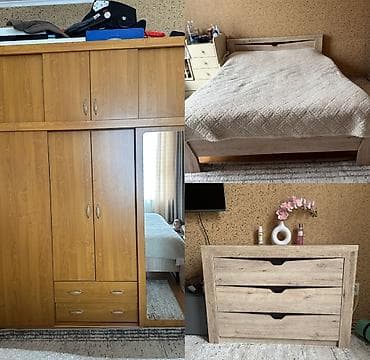 шкаф с зеркалом: Спальный гарнитур, Б/у, Шкаф, Комод, Двуспальная кровать, ДСП — 1