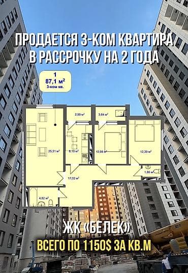 земля в рассрочку: 3 комнаты, 87 м², Элитка, 10 этаж, Готовая ПСО (под самоотделку) — 1