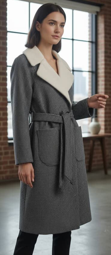 гусиный: Женское пальто с поясом и крупным контрастным воротником. - — 1