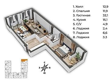 2 комнаты, 82 м², Элитка, 2 этаж, Готовая ПСО (под самоотделку)