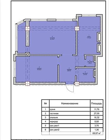 2 bedroom: 2 комнаты, 69 м², Асанбай мкр Элитка, 9 этаж, Свежий ремонт — 1