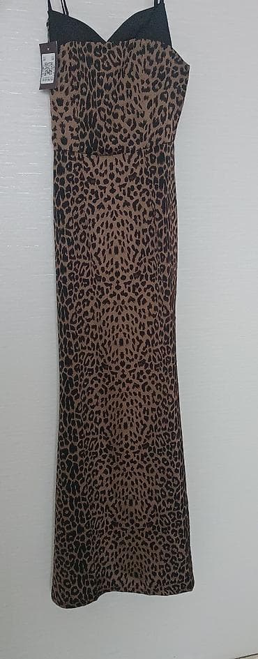 платье леопардовое: Вечернее платье, Коктейльное, Длинная модель, Атлас, Без рукавов, S — 1