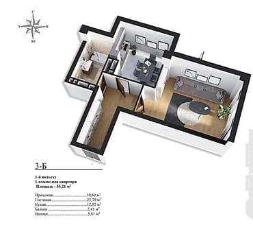 1х комнатная квартира: 1 комната, 55 м², Элитка, 6 этаж, Евроремонт — 9