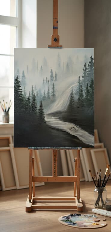 купить электромотор для велосипеда: Картины, масло на холсте. 1) Лесной пейзаж с рекой в тумане - — 1
