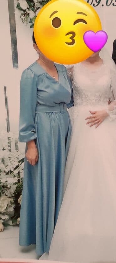 вечернее платье в пол синего цвета: Кече көйнөгү, Классикалык, Узун модель, Жеңдери менен, S — 1