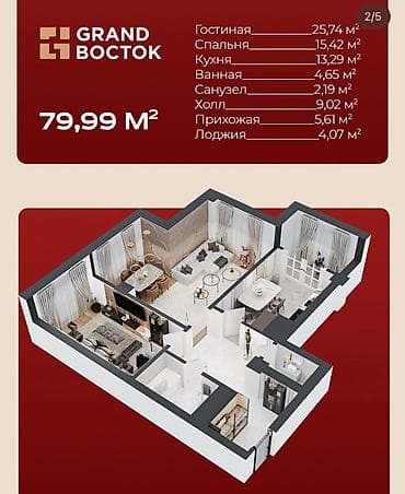 Квартиры: 2 комнаты, 80 м², Элитка, 14 этаж, Готовая ПСО (под самоотделку) — 4