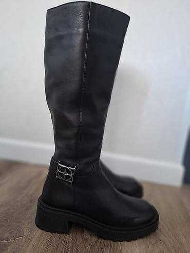 Высокие женские сапоги, черные - Материал: гладкая натуральная кожа