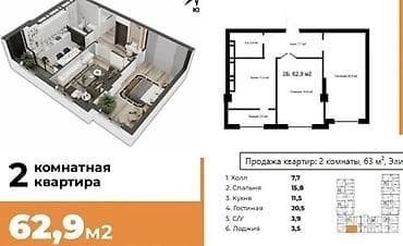 2 комнаты, 63 м², Элитка, 12 этаж
