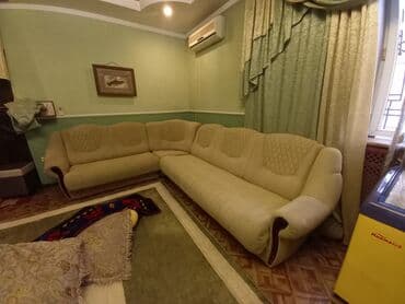 угловой диван с креслами: Гарнитур для зала, Б/у, Кресло, Диван, Ткань, текстиль, Самовывоз, цвет - Бежевый — 1