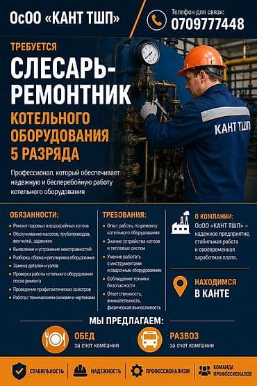 В г. Кант, ОсОО «Кант ТШП» Слесарь ремонтник котельного оборудования 5 at lalafo.kg В г. Кант, ОсОО «Кант ТШП» Слесарь ремонтник котельного оборудования 5