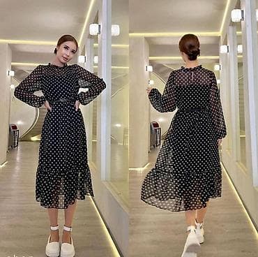 платье в горошек: Повседневное платье, Лето, Длинная модель, Шифон, S — 2