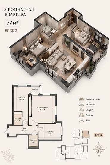 жк токио ск артвин: 3 комнаты, 77 м², Элитка, 5 этаж, Готовая ПСО (под самоотделку) — 2