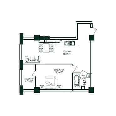 Квартиры: 1 комната, 53 м², Элитка, Аламедин-1 мкр Элитка, 16 этаж, ПСО (под самоотделку) — 1