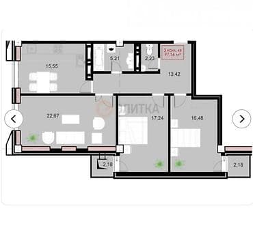 2 room: 3 комнаты, 97 м², Элитка, 12 этаж, Готовая ПСО (под самоотделку) — 2