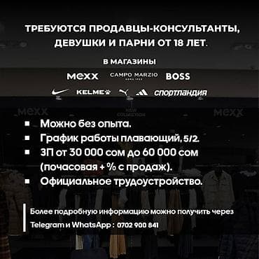 вакансии мерчендайзер бишкек: Продавец-консультант по продаже мировых брендов Обязанности: - Работа — 1