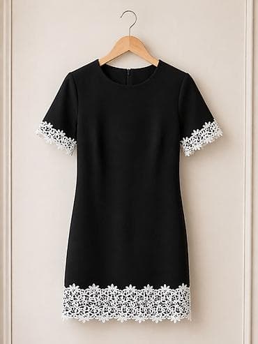 Черное платье-футляр с контрастным белым кружевом - Силуэт: прямой