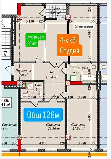маариф: 3 комнаты, 126 м², Элитка, 4 этаж, Готовая ПСО (под самоотделку) — 3