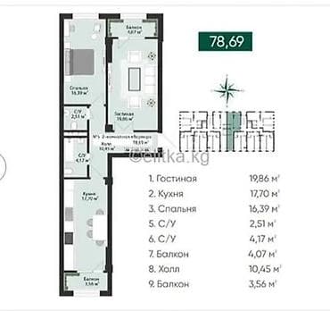 Недвижимость: 2 комнаты, 78 м², Элитка, Аламедин-1 мкр Элитка, 5 этаж, ПСО (под самоотделку) — 1
