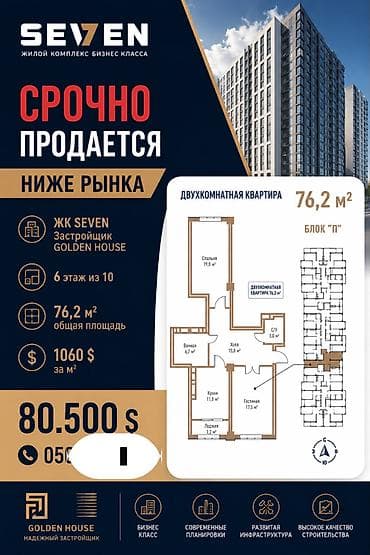 2 комнаты, 76 м², Элитка, Технопарк Элитка, 6 этаж, ПСО (под самоотделку) — 1