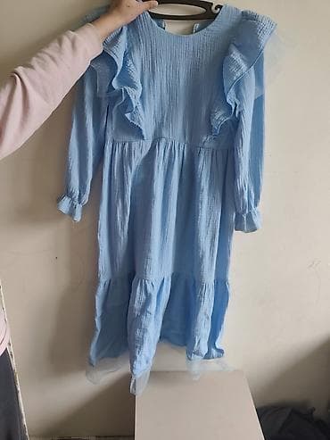 платье на пуговицах: Детское платье, цвет - Голубой, Б/у — 2