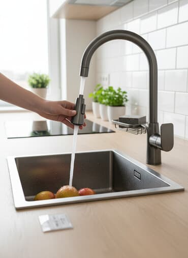 кран на кухню: Смеситель для кухни из металла с матовой отделкой. Он оснащен высоким — 1