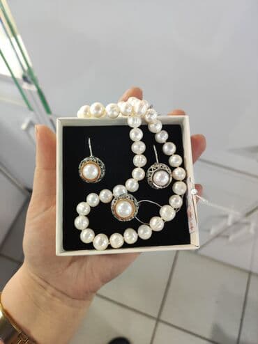 свадебные наборы ручной: Серебро 925 Напыление золото Жемчуг Серебряный комплект + бусы жемчуг — 2