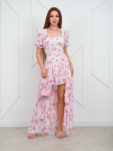 юбка шелк: Вечернее платье, Длинная модель, Шифон, С рукавами, Шлейф, M — 2