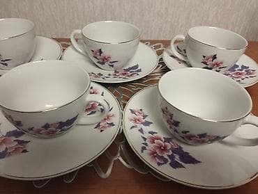 silver kitchen: Чайный сервиз. Белый с цветами. Набор из 6 бокалов и 6 блюдец. в — 3