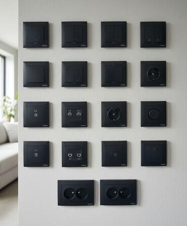 Набор электроустановочных изделий черного цвета, включающий различные