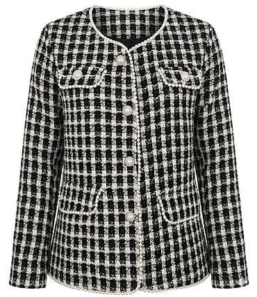 шанел: Твидовый жакет в черно‑белую «гусиная лапка». - Прямой силуэт, длина — 1