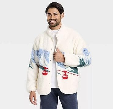 Головные уборы: Мужская утеплённая флисовая куртка-рубашка с рисунком «горный пейзаж» — 2