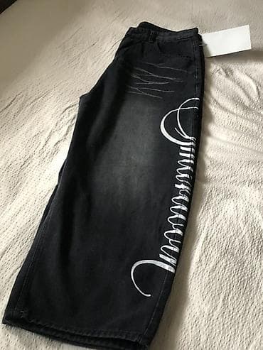 шапка барбери: Штаны джинсовые, свободный крой (wide/loose fit), черный деним с серым — 3