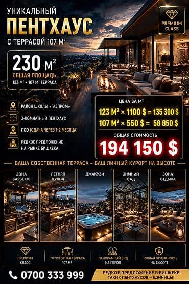 Квартиры: 3 комнаты, 230 м², Золотой квадрат Элитка, Пентхаус этаж, ПСО (под самоотделку) — 1