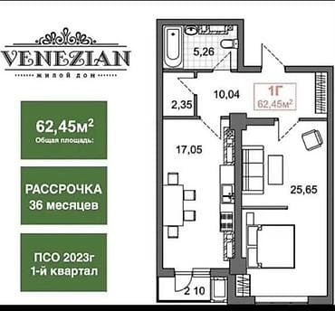 1 комната, 62 м², Асанбай мкр Элитка, 10 этаж, ПСО (под самоотделку) — 2