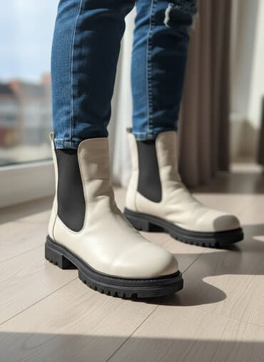 фирменная обувь из италии: Женские кожаные сапоги на меху - Цвет: молочный верх, черные — 1