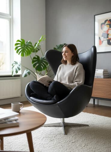 кожаные кресло: Представленное на изображении кресло — это Egg Chair. Необычный дизайн — 1