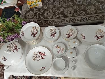 домашние птицы: Фарфоровый столовый сервиз с тюльпанами, тонкая золотая окантовка — 2